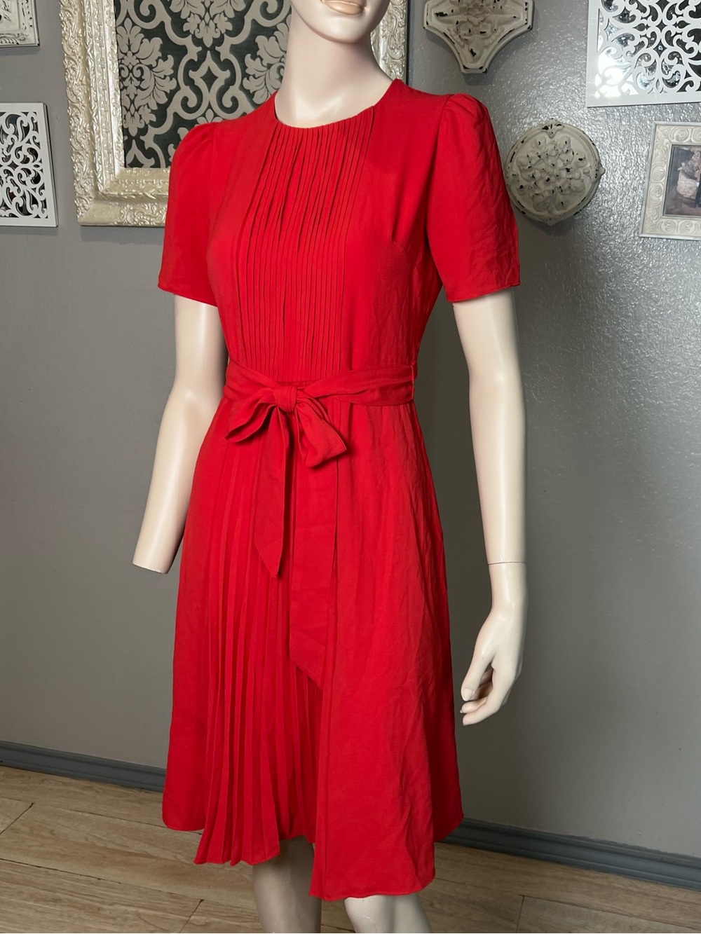 London Times Red Pleated Tie-Waist Dress